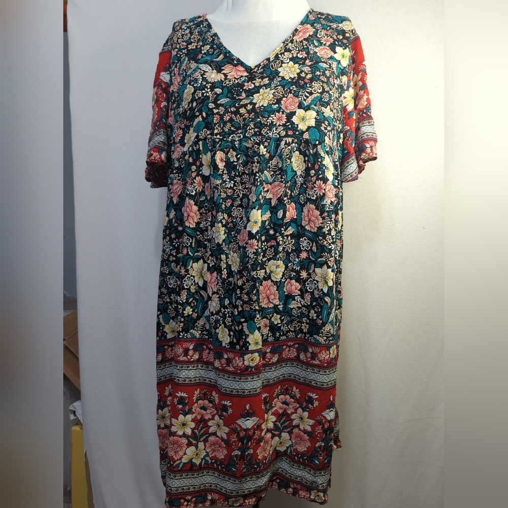 Ranlege‎ Floral Boho Midi Dress XL 12 V-Neck Short Sleeve Multicolor 456